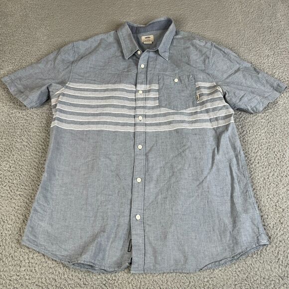 Vans Off The Wall Mens XL Blue White Striped Button Up Short Sleeve Surf Skate - Picture 1 of 10